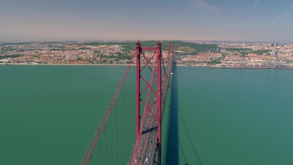 Lisbon Portugal Aerial  25 De Abril Bridge Almada on the Left Bank Tejo River