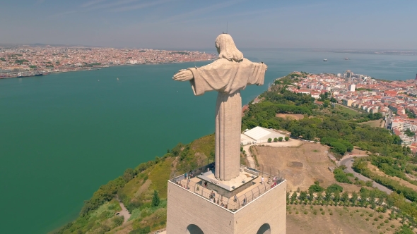 Lisbon Portugal  Aerial View Christ the King Cristo Rei Catholic Monument Drone