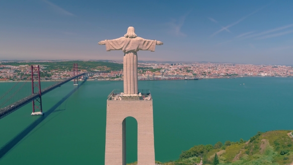 Lisbon Portugal  Aerial View Christ the King Cristo Rei Catholic Monument Drone