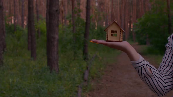 Close Up of Woman's Hand Holding Small Wooden House in Forest