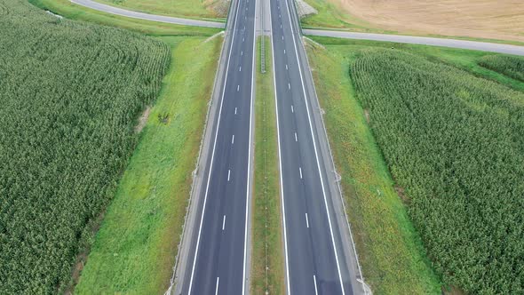 Aerial Flying Over An Empty Intercity Speed Highway During The Quarantine