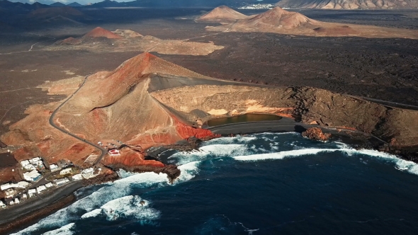 Flying Over Volcanic Lake El Golfo, Lanzarote, Canary Islands, Spain