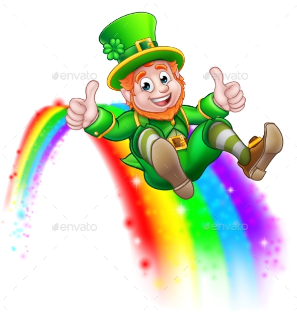 St Patricks Day Leprechaun Sliding on Rainbow
