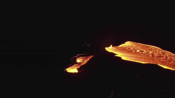 Drone Over Moving River Of Molten Lava From Erupting Volcano