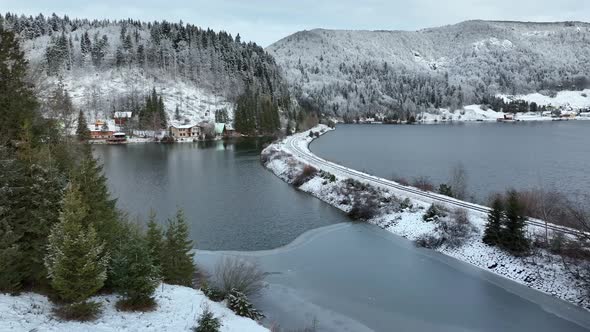 Aerial view of the Palcmanska Masa reservoir in the village of Dedinky in Slovakia