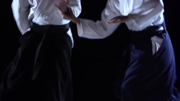 Two Masters Participants of the Training in Special Clothes of Aikido Hakama Work Out the Methods of