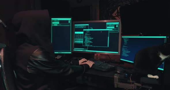 Hacker in a Hood Sits in Front of Computer Screens and Hacks Databases