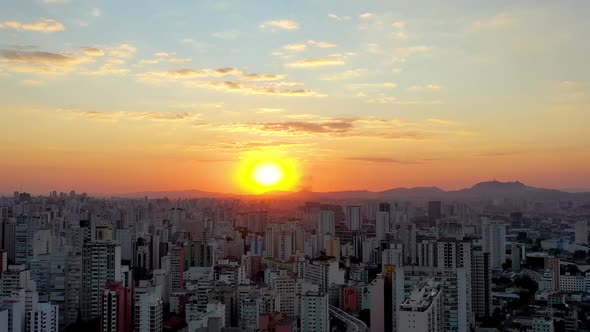 Sunset downtown Sao Paulo Brazil. Downtown district at sunset scenery.