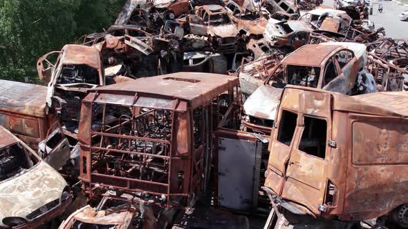 War in Ukraine a Dump of Shot and Burned Cars in Irpin Bucha District