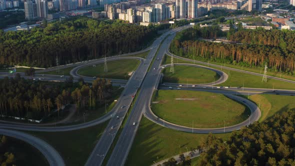 Aerial View of a Busy Motorway Interchange with a Lot of Traffic