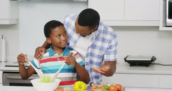 Father and son preparing vegetable salad in kitchen