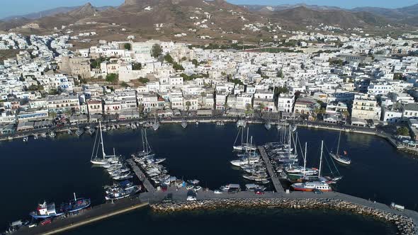 Port of Chora on the island of Naxos in the Cyclades in Greece aerial view