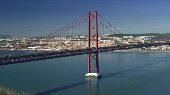 Panning Shot of the Bridge in Lisbon, Portugal