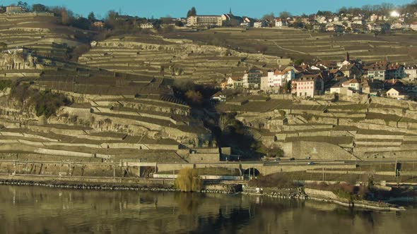 Terraced Vineyards and Village on Lake Geneva. Lavaux, Switzerland. Aerial View