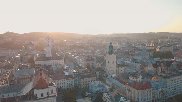 Aerial City Lviv, Ukraine. European City. Popular Areas of the City. Town Hall