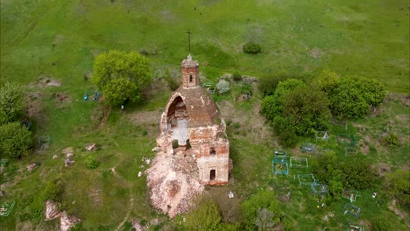 Flight over the ancient ruined temple. Top view of a historical local landmark