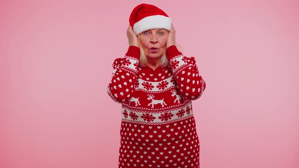 Senior Grandmother Woman in Christmas Clothing Covering Ears Gesturing No Avoiding Advice Ignoring