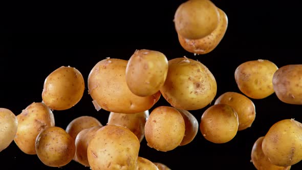 Super Slow Motion Shot of Flying Potatoes Isolated on Black Background at 1000 Fps