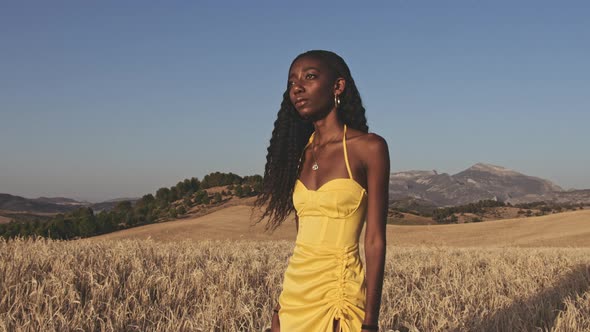 Mountain Silhouettes and Portrait of Gorgeous Lady in Yellow Dress in Fields