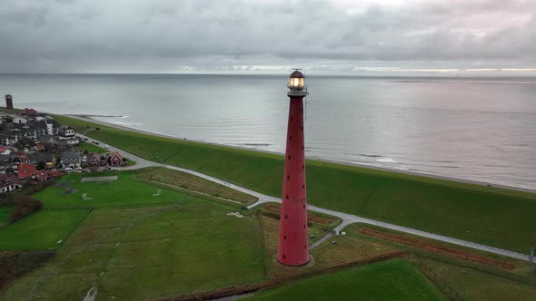 Lighthouse Tower Lange Jaap in Den Helder Drone Aerial Footage 5K Along the Sea Near the Island of