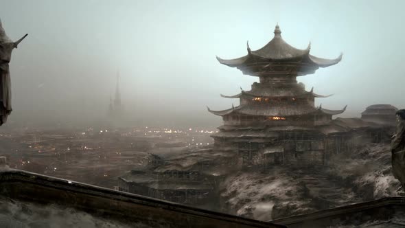 A stunning traditional Asian Temple. Buddhism meditation center above the city.