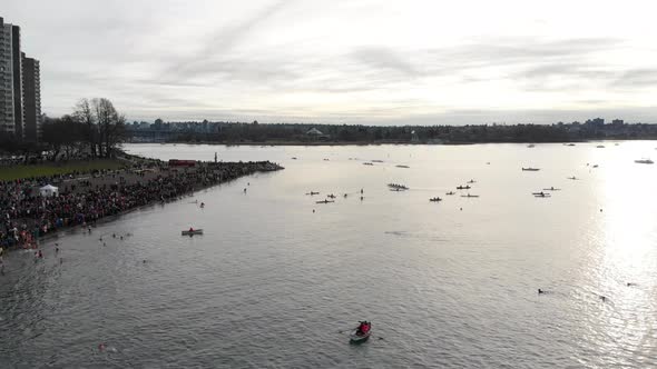 Various drone shots at English Bay near downtown Vancouver, BC during Polar Bear 2019 event