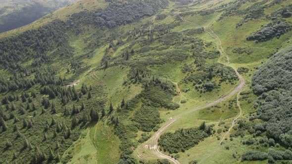 Aerial drone shot landscape in Carpathian mountains in summer. Ukraine, Europe