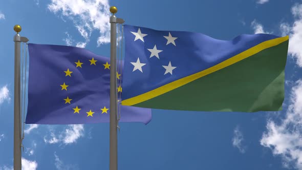 European Union Flag Vs Solomon Islands Flag On Flagpole