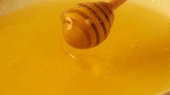 Spinning Wooden Honey Dipper Spoon in Bowl of Fresh Thick Acacia Honey