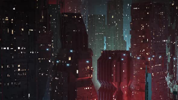 Futuristic, Dystopian Sci-Fi City at Night Establishing Shot - Tilt Down