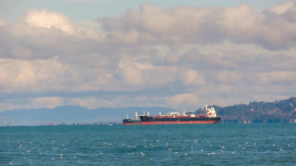 Seascape with cargo container industrial ship anchored waiting for entering Batumi port