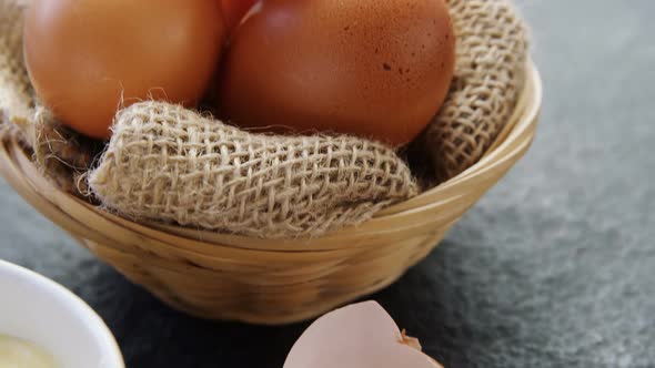 Eggs on wicker bowl 4k