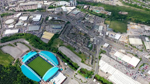 Aerial footage of The John Smith's Stadium home of the Huddersfield Town Football Club in the UK