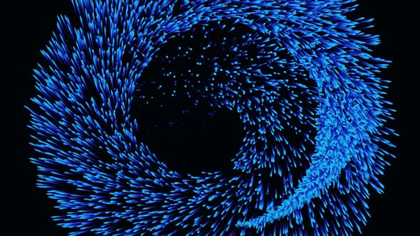 Blue abstract glitter trail flying in a spiral on black background