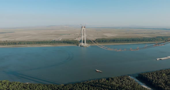 Braila Bridge, Road Suspension Bridge Under Construction