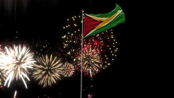 Guyana Flag With Fireworks 