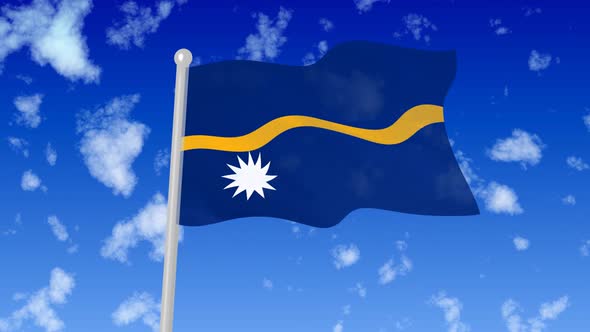 Nauru National Flag Flying Wave In The Sky With Clouds
