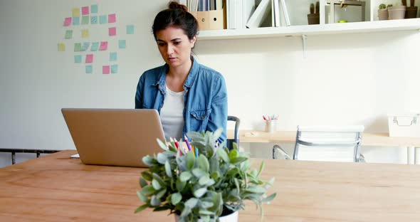 Female executive sitting at desk and using laptop