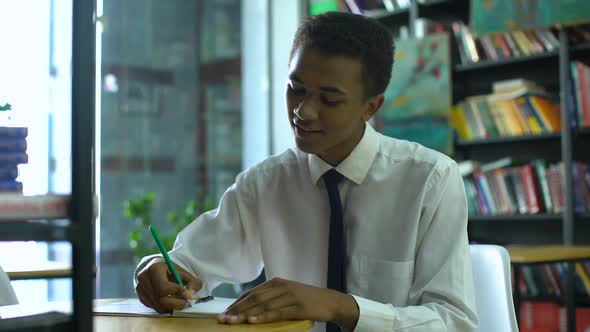 Diligent Afro-American Male Student Doing Homework in Notebook, Smiling on Cam