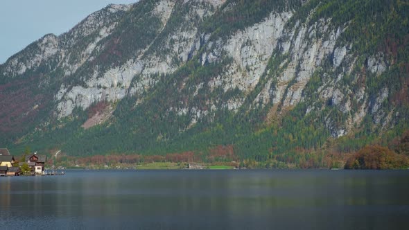 Famous Tourist Destination Serene Town Hallstatt in Austrian Mountains Alps in Autumn. Cathedral