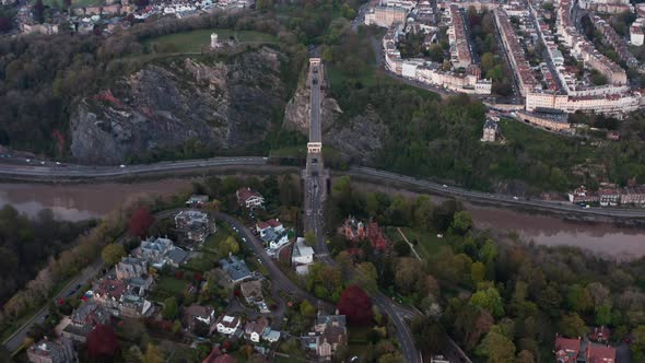 overhead drone shot of the Clifton suspension bridge