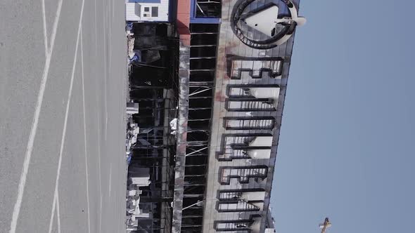 Vertical Video of a Wartorn Shopping Center in Bucha Ukraine