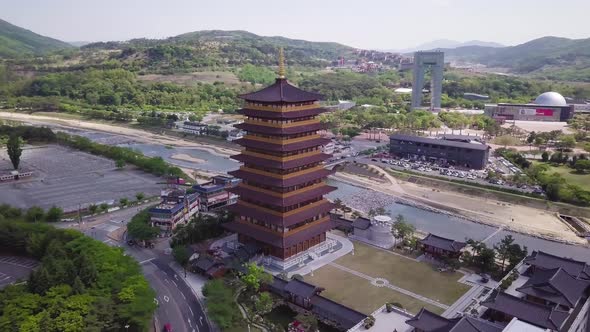 Aerial Footage of Pagoda in Traditional Korean Style in Gyeongju in South Korea