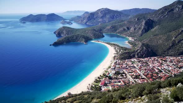 Amazing beautiful panoramic view from drone of Oludeniz Blue lagoon beach in Fethiye in Mugla