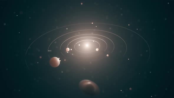 Small solar system animation. Bokeh effect. Sun and five planets