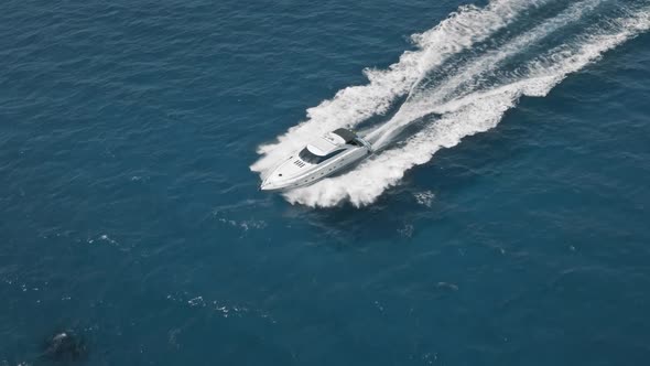 White Motor Yacht Ship Sail Cruise in Blue Turquoise Water Sea Bay of Ayia Napa in Cyprus