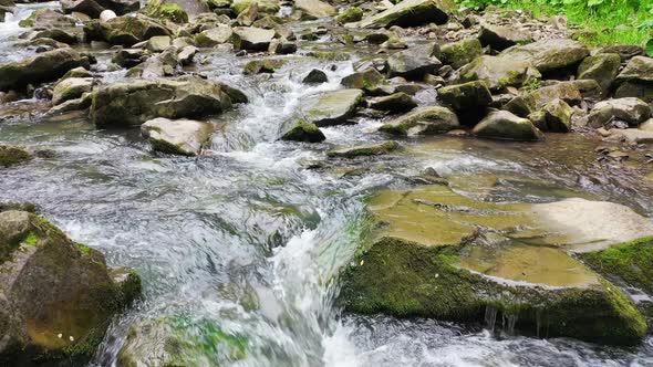 Mountain River Waterfall Flowing Between Rocky Shores in Carpathians Mountains Ukraine