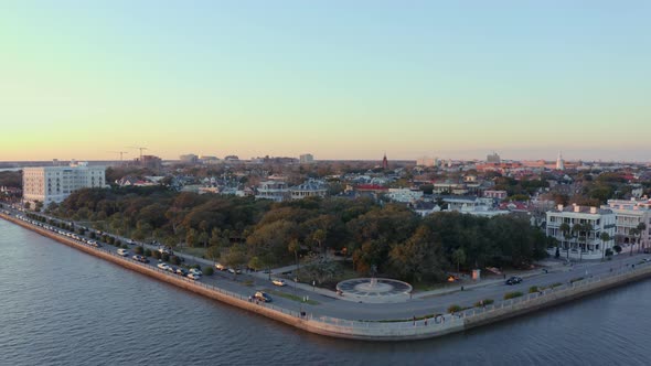 Drone pulls away from The Battery in downtown Charleston