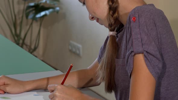 Adorable Red Haired Girl with Freckles Smiling and Drawing at School