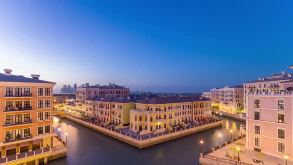 Canal Aerial Top View in Venicelike Qanat Quartier of the Pearl Precinct of Doha Day To Night